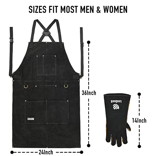 LeaSeek Welding Apron, Cowhide Leather Work Apron with 6 Pockets, Heat Resistant and Fireproof, Adjustable Straps from M to XXXL for Men and Women, Black
