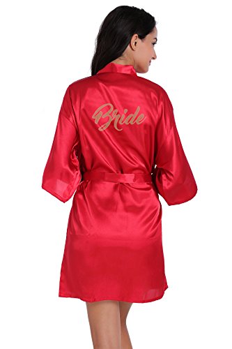 Amzchoice Satin Kimono Wedding Party Getting Ready Robe with Gold Glitter (Red, M)