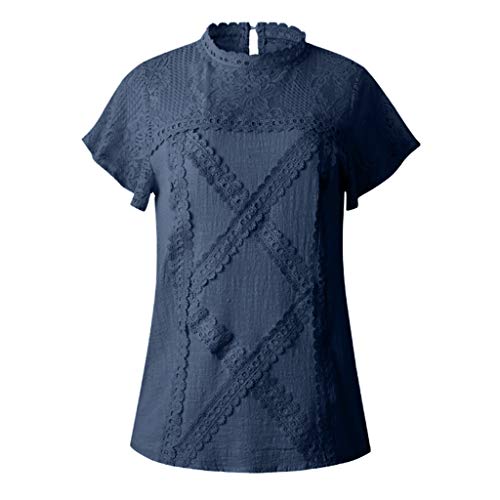 Women's Sexy Cutout Lace Paneling Flare Ruffle Short Sleeve T-Shirt Cute Floral Shirt Top Navy