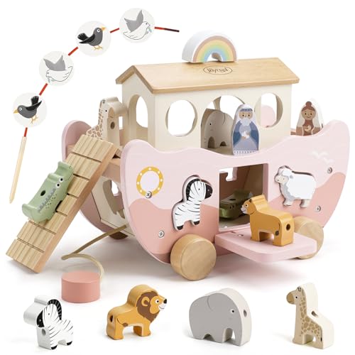 Joyreal Noahs Ark Wooden Toy - Christening Gifts for Girls Boys, Baptism Gifts, Montessori Toys for 1 2 3 Year old, Stacking Baby Toys, Farm Animals Shape Sorter Toddler Toy