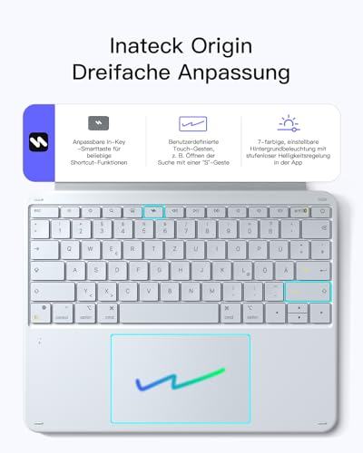 Inateck AceTouch Keyboard Case for iPad Air 13 Inch (2026/2025/2024, M4/M3/M2), Keyboard for iPad Pro 12.9 Inches, 6 Inch Large Trackpad, Removable, QWERTZ, 7 Colours Backlit, with Pen Holder, AceTouch