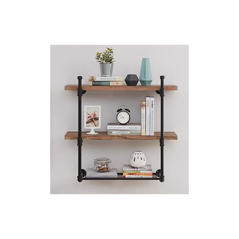 Homissue 3 Shelf Pipe Floating Wall Shelf, Vintage Industrial Wall Mounted Shelf with Metal Mesh