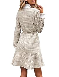 Mini vestido elegante de punto a cuadros de las mujeres MsLure Vestido de dobladillo con volantes de manga larga con cinturón