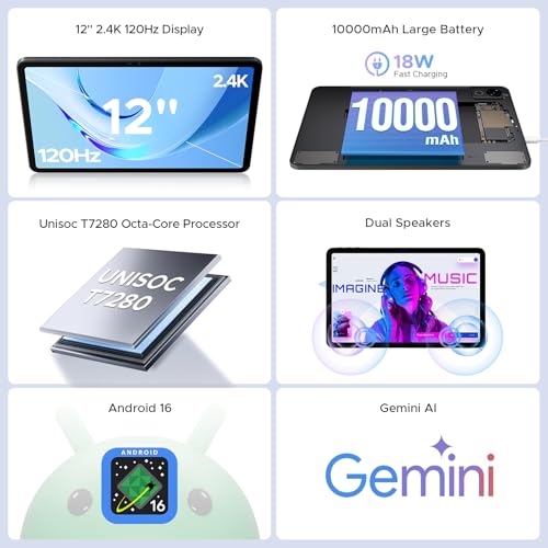 P12 Android 16 Tablet with Gemini AI, 12 Inch Tablet 2.4K 120Hz, 48GB+128GB/TF 2TB, UT7280 Octa-Core, 10000mAh Battery, 13MP+8MP/Face ID/Widevine L1/3.5mm Headphone, Tablet with Keyboard & Pen, Blue
