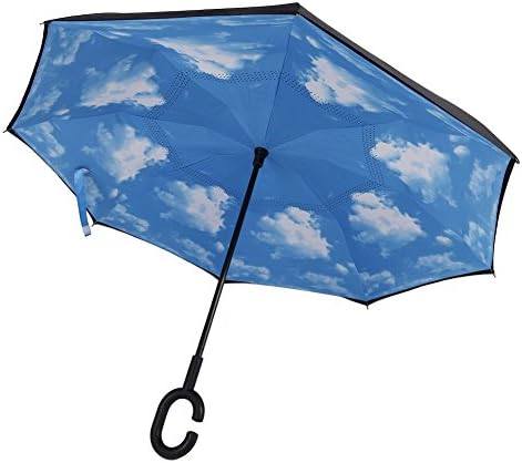 Reverse Folding Umbrella With C-Shaped Handle, MJFOX Double Layer Inverted Umbrella Cars Reverse Windproof UV Protection Big Straight Umbrella for Car Rain Outdoor (Sky & Cloud)