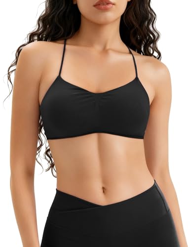 GUWIDEO Cross Back Sports Bras for Women V-Shape Scoop Front Scrunch Workout Bra Medium Support Yoga Top with Removable Pads Black at Amazon