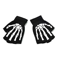 TY-LOPIU Unisex Adult Halloween Skeleton Skull Half Finger Gloves, Luminous Winter Warm Mittens (A)