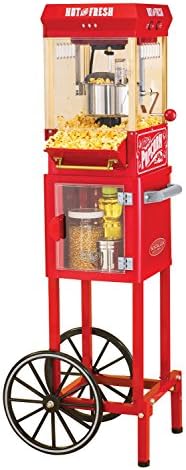 Popcorn Maker with Wheel Cart- Retro Finish Makes This Beautiful Popper Perfect For Homes, Businesses and Entertaining- Polished Stainless Steel Kettle Hinged Lids, Makes 10 Cups of Kernels Per Batch