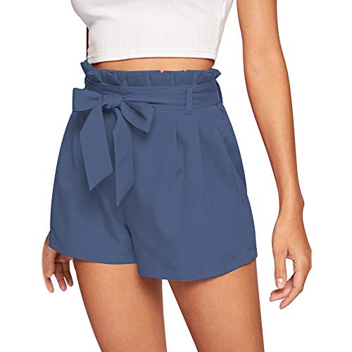 NEWFANGLE Women\'s Casual Paper Bag Shorts Elastic Tie Waist with Pocket Comfy Summer Shorts for Women,Blue-Gray,XL