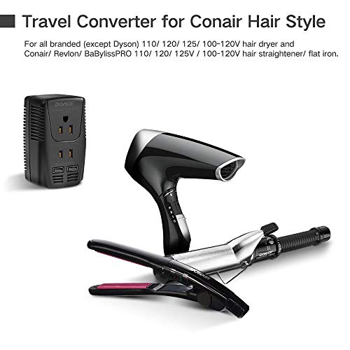 DOACE 2000W Travel Voltage Converter Hair Dryer, Hair Straightener, Flat Iron, 220V to 110V Transformer, Universal Adapter 4-Port USB UK/AU/EU Wall Charger Cell Phone Camera Laptop