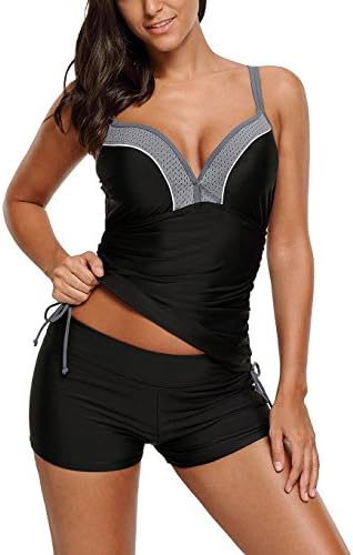 Lulup Swimwear for Women Push Up Tankini Top With Shorts Set Two Pieces Swimsuit (Black,S)