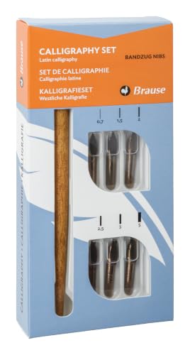 Brause 141B - Un set de calligraphie comprenant 6 plumes Bandzug (0,7 mm, 1,5 mm, 2 mm, 2,5 mm, 3 mm et 5mm), un porte-plume et une notice