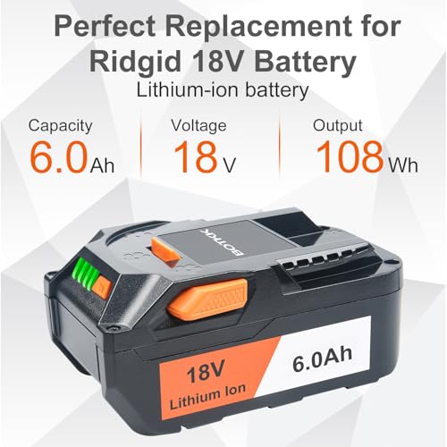 BOTKK 2Pack 6.0Ah Replacement for Ridgid 18V Battery Compatible with Ridgid Battery 18V R840087 R840083 R840086 R840085 R840084 AC840085 AC840086 AC840087P AC840089
