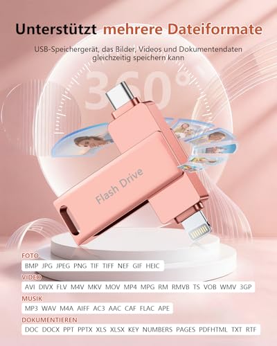 [Without App] USB Stick 512 GB for iPhone MFi Certified, Lncnnk 3 in 1 Flash Drive, Lightning USB 3.0 Memory Stick Photo Stick, USB C Stick for iPhone/iPad/OTG Android Mobile Phone/Mac/PC, Pink