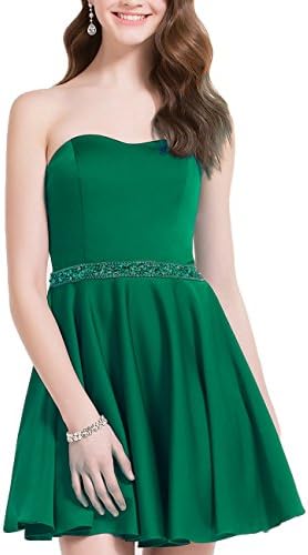 Lianai Women's Strapless Short Homecoming Dress Beaded Satin Ball Gown Prom Party Dress Emerald,2