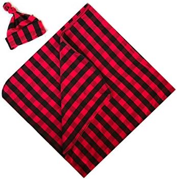 Copper Robin Red and Black Buffalo Plaid Swaddle Blanket and Hat Set, 48"x48" Large Receiving Blanket, Newborn Beanie hat