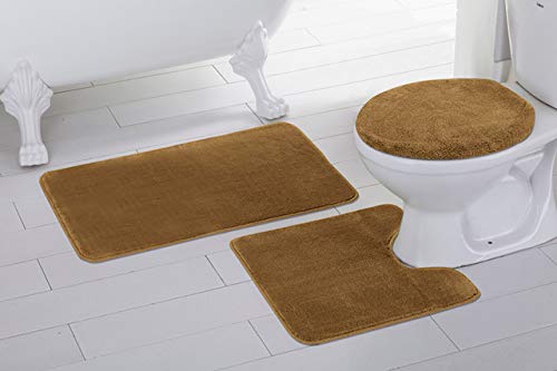 Mk Home 3pc Absorbent Bath Mat Set Solid Gold with Bath Rug, Contour Mat and Toilet Seat Lid Cover Non-Slip Rubber Blacking New