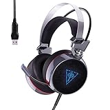 AUKEY PC Gaming Headset, USB Stereo Over-Ear Headphones Supports Virtual 7.1-Channel Surround Sound with Retractable Microphone, Bass Boost Button, LED Backlit for PC & Mac