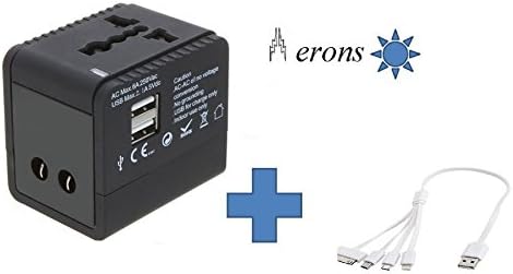 AERONS Travel Adapter,Universal worldwide wall AC adapter with dual USB port for USA,EU,UK,AUS,CN,MX etc + 4 in 1 Multi USBCharger cord for iphone/ipad/samsung