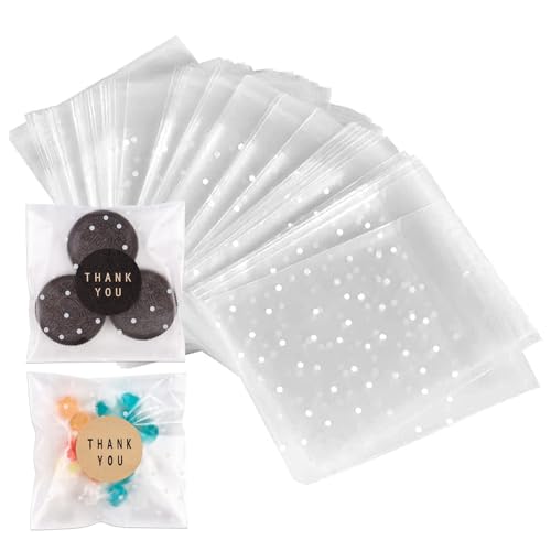 YunKo 200PACK Self Sealing Cellophane Bags Clear Cookie Bags for Gift Giving Treat bag for Packaging Cookies, Candy, Gifts (White Polka Dot, 4x4Inches)