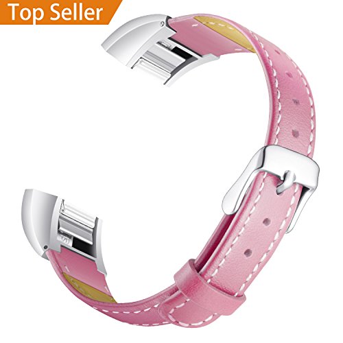 For Fitbit Alta HR and Alta Leather Bands, Konikit Classic Premium Genuine Leather Soft Slim Replacement Wristband Vintage Strap Accessories with Metal Buckle Clasp, Women Men, pink with white line