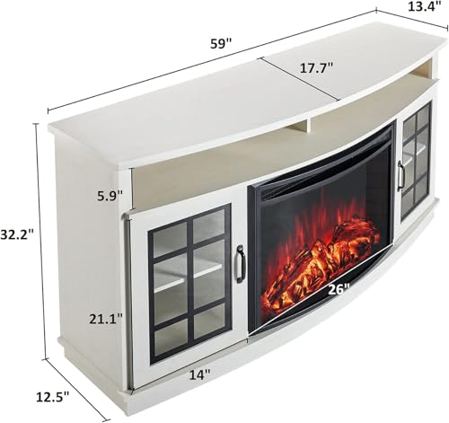 Jocisland Curved Fireplace TV Stand with 26'' Electric Fireplace, Media Entertainment Center Farmhouse Glass Door Storage Cabinet, Open Shelve Console Table for TVs up to 65'', Distressed White