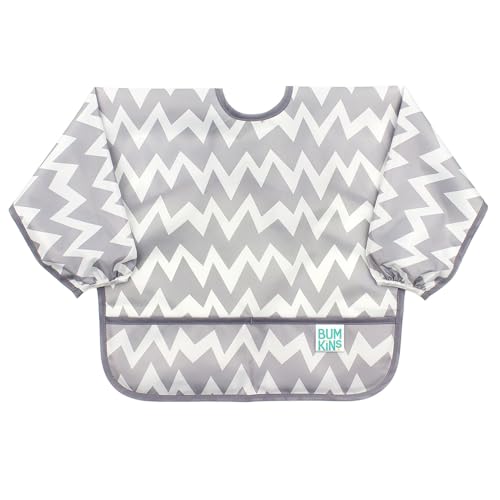 Bumkins Sleeved Bib, Handy Tie Closure for Custom Fit, Catch-All Pocket, Baby-Led Weaning, Waterproof, Machine Washable, Stain & Odour Resistant, BPA Free, 6-24 Months, Grey Chevron Design — image 1