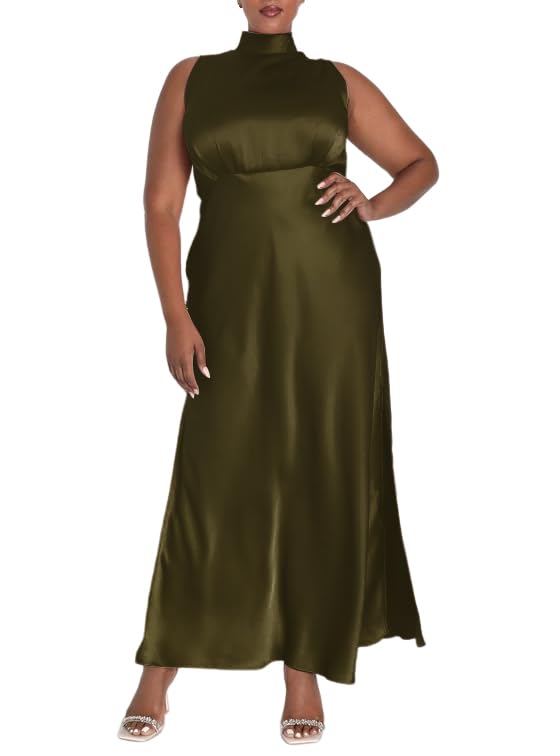 Photo 1 of AGOSAK Fall Summer High Neck Satin Sleeveless Maxi Dresses for Curvy Women Plus Size Olive Green Satin Dress for Wedding Guest Dresses Cocktail Party 2024 Formal Bridesmaid Graduation