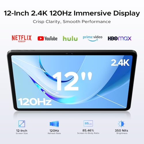 P12 Android 16 Tablet with Gemini AI, 12 Inch Tablet 2.4K 120Hz, 48GB+128GB/TF 2TB, UT7280 Octa-Core, 10000mAh Battery, 13MP+8MP/Face ID/Widevine L1/3.5mm Headphone, Tablet with Keyboard & Pen, Blue