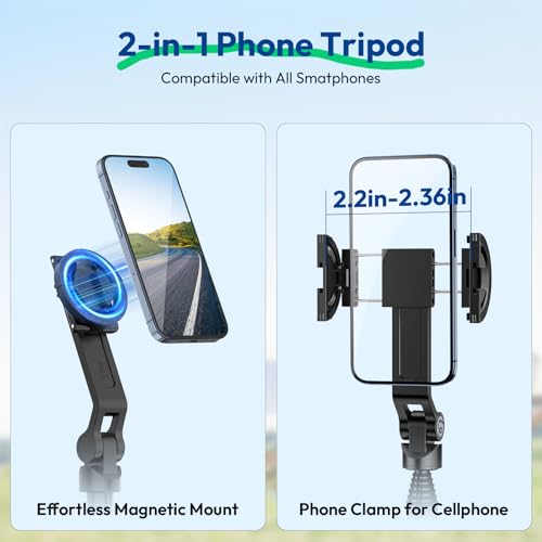 ULANZI TT88 Magnetic Tripod for iPhone, 57" Extendable Selfie Stick with Remote, 2-in-1 Phone Clip & Dual Cold Shoe Mounts-Lightweight Phone Tripod Stand for Vlogging, Travel, Video Recording (Black)