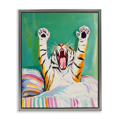 Stupell Industries Big Tiger Morning Yawn Gray Framed Floater Canvas Wall Art,…