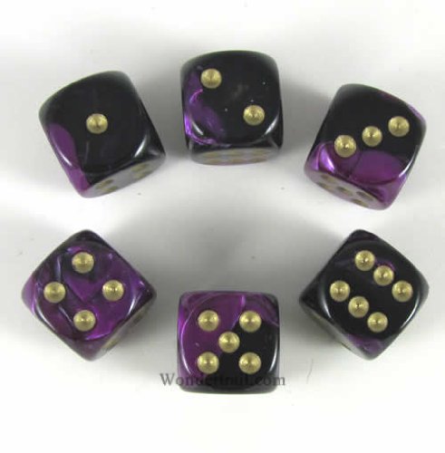 Black Purple Gemini With Gold Pips 16mm D6 Dice Set of 6 Wondertrail WCX26640E6