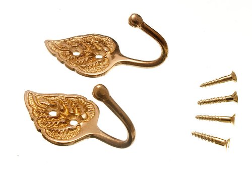 2 Pairs Curtain Tie Hold Back Hooks Leaf Solid Brass With Screws