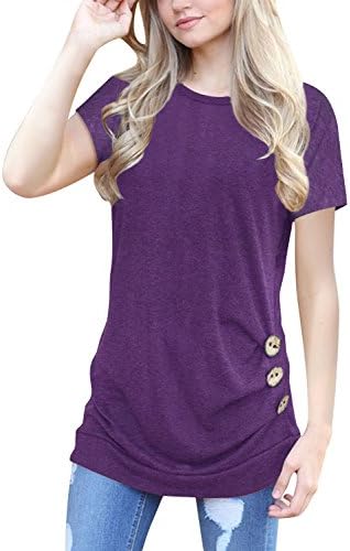 Women Plus Size Button Tops Short Sleeve Round Neck Loose Tunic T Shirt Blouse Purple XL
