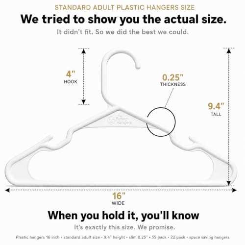 The Boring Hangers White Plastic Hangers 55 Pack - 10 lb Heavy Duty Plastic Clothes Hangers for Closet - 0.25" Thin, Slim & Space Saving White Coat Hangers for Shirts, Dresses, Jackets, Pants