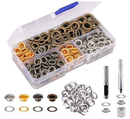 funvce Eyelet Punch Kit，120 Sets 6mm Grommet Set with Hole Punch Tool, Fastened Tool and Metal Base,Eyelets for Fabric,Leather,Clothes,Canvas Hole Punches (Silver/Green Bronze/Gold/Grey)