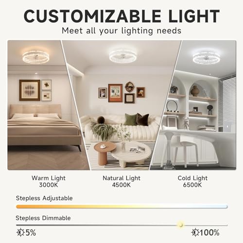 VOLISUN Ceiling Fans with Lights and Remote, 50cm Modern Smart LED Ceiling Fan Light, 6 Speeds and 3000K-6500K Dimmable Quiet Fan Ceiling Lights for Bedroom Living Room Dining Room (White)