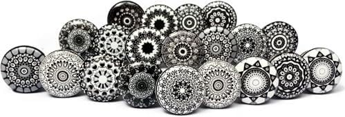 Set of 20 hand-painted ceramic knobs with black floral mosaic designs. Handcrafted handles for cabinets, drawers, dressers and hangers. Classic knobs of 38 mm diameter.