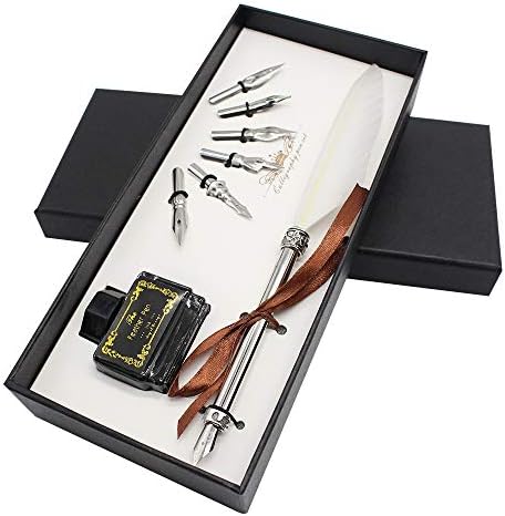 Quill Pen and Ink Set - Feather Dip Pen with Black Ink Well and 6 Nibs - Calligraphy Pen and Ink Gift Set for Beginners โ White Feather Pen - Kunida Designs