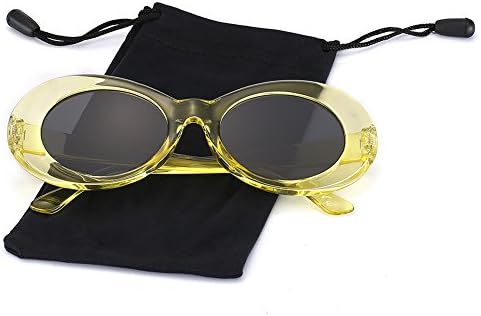 LOOKEYE Clout Goggles Kurt Cobain Sunglasses Oval Vintage Retro Bold Mod Style Thick Frame Round Lens for Women and Men, Transparent Yellow Frame and Gray Lens
