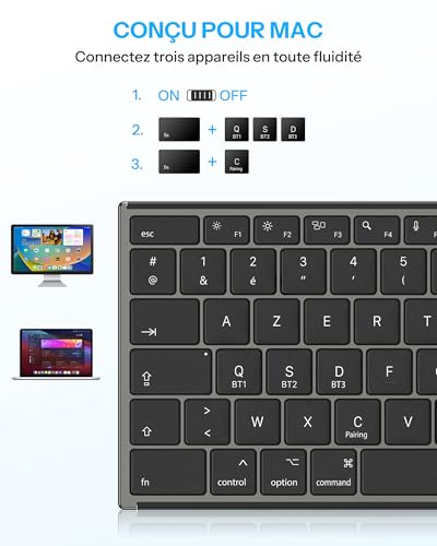 OMOTON Clavier Bluetooth pour Mac, Clavier sans Fil Métal Rechargeable Multi-dispositifs avec 3 Canaux Bluetooth pour Apple Mac Pro/Mini, MacBook Pro/Air, iMac, AZERTY Français