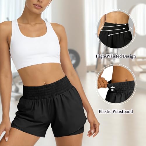 GOZINA Womens 2-in-1 Running Shorts with Phone Pocket, Lightweight Gym Yoga Ladies Sports Shorts for Running, Hiking & Training