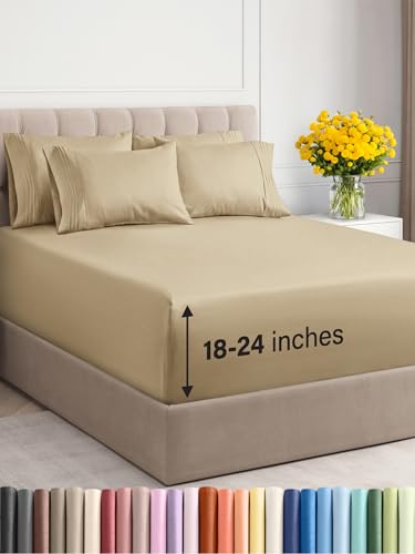 Photo 1 of Extra Deep Cal King Sheet Set - 6 Piece Breathable & Cooling Sheets - Hotel Luxury Bedding Set w/18-24 Inch Extra Deep Pockets - Easy Fit - Super Soft, Wrinkle Free and Comfy - Beige, Cal King Size