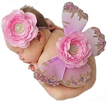 Newborn Baby Girls Flower Headband With Butterfly Wing Costume Prop Outfit For Photo Shoot (13 colors) (pink flower,purple butterfly)