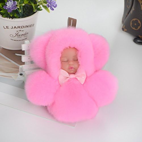 Topxome 1pcs Cute Sleeping Baby Doll Key Chain Real Rex Rabbit Fur Keychain Fluffy Pom Pom Keyring Bag Car Trinket Women Gift (Pink)