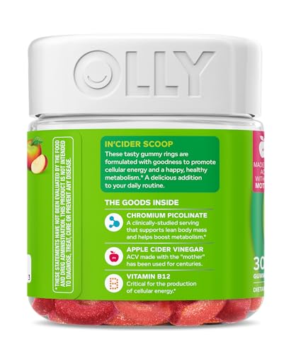 OLLY METABOLISM GUMMY RINGS, APPLE CIDER VINEGAR, VITAMIN B12, CHROMIUM, ENERGY AND DIGESTIVE HEALTH, CHEWABLE SUPPLEMENT, APPLE FLAVOR – 30 COUNT