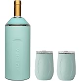 Vinglacé Wine Bottle Chiller Gift Set- Portable Stainless Steel Wine Cooler with 2 Stemless Wine Glasses, Sea Glass