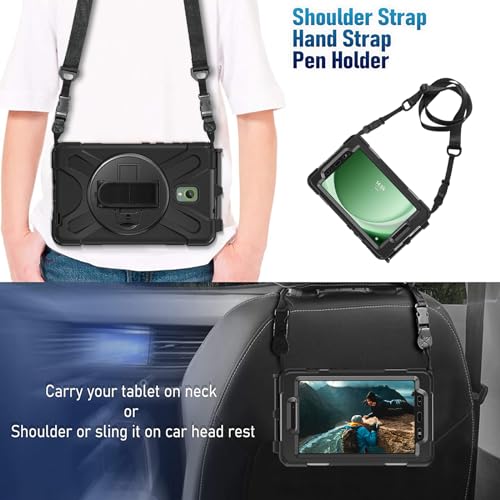 Gerutek Shockproof Case for Samsung Galaxy Tab Active 5 2024/Tab Active 3 2020 8 Inch, SM-X300/X306B/T570/T575, Heavy Duty Armor Case with Rotating Stand, Hand Strap and Shoulder Strap, Pen Holder, Black