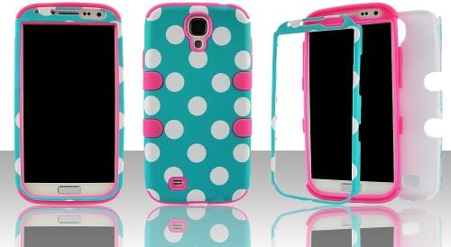 Samsung S4 i9500 hybrid 3 in 1 White Polka on Blue with Pink Gel - (Silicon Gel inside, Hard Plastic Outside) Case Cover Snap-On