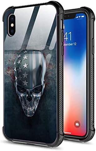 iPhone X Case,iPhone Xs Case,Slim Tempered Glass Back Cover Silicone Bumper Frame Shockproof Anti-Scratch Cover Case for Apple iPhone X/XS Silver Skull American Flag